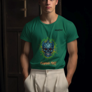 Flaming Fury T-Shirt in Bottle Green (Size XXL) with a vivid blue and orange skull design, combining ultimate comfort and striking style.