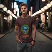 Flaming Fury T-Shirt in Coffee Brown (Size M) with a vibrant blue and orange skull graphic, ideal for edgy and confident fashion enthusiasts.