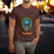 Flaming Fury T-Shirt in Coffee Brown (Size S) featuring a bold blue and orange skull design, perfect for making a fearless style statement.