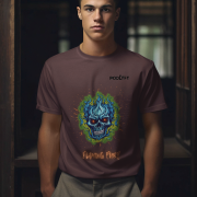 Flaming Fury T-Shirt in Coffee Brown (Size XL) featuring a fierce blue and orange skull graphic, perfect for those who embrace bold fashion statements.