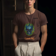 Flaming Fury T-Shirt in Coffee Brown (Size XXL) with a vivid blue and orange skull design, combining ultimate comfort and striking style.
