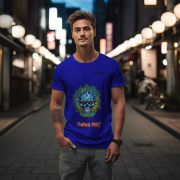 Flaming Fury T-Shirt in Navy Blue (Size M) with a striking blue and orange skull design, blending style and attitude effortlessly.