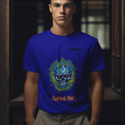 Flaming Fury T-Shirt in Navy Blue (Size XL) featuring a bold and vibrant blue and orange skull design, perfect for making a strong style statement.