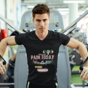 Gym Motivation T-Shirt | Pain Today, Power Tomorrow by PodLyft, featuring a motivational workout graphic, worn by a fit male model in a gym setting performing cable fly exercise. Perfect for fitness enthusiasts and gym lovers.