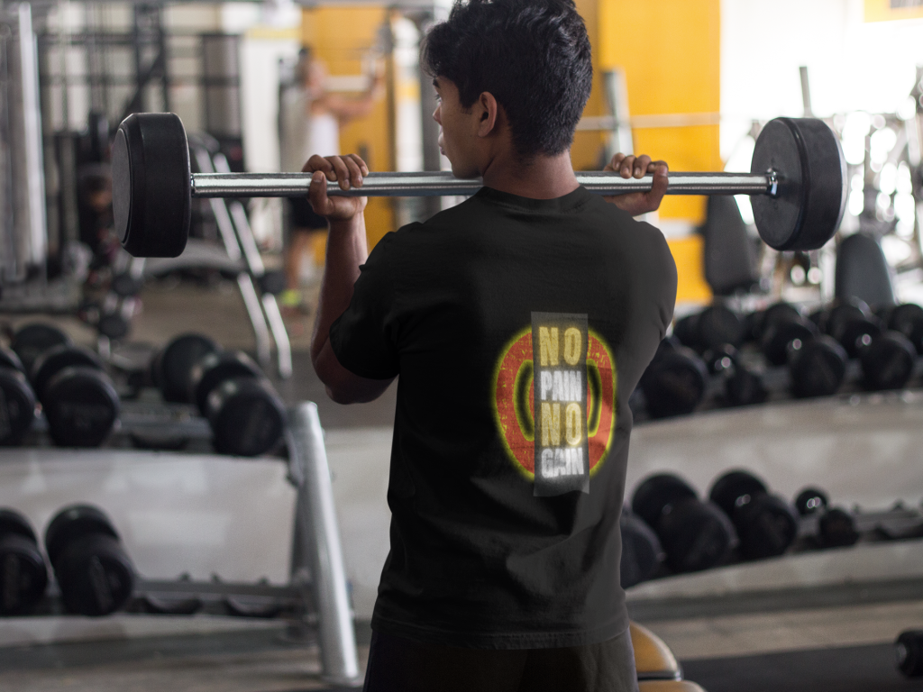 Back view of Black Gym Motivation T-Shirt | Pain Today, Power Tomorrow by PodLyft, displaying sleek and comfortable design for gym enthusiasts.