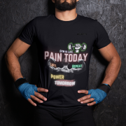 Black Gym Motivation T-Shirt | Pain Today, Power Tomorrow by PodLyft in size Large, showcasing a bold workout graphic for fitness enthusiasts.
