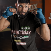 Black Gym Motivation T-Shirt | Pain Today, Power Tomorrow by PodLyft in size Medium, designed for gym lovers with a motivational graphic.