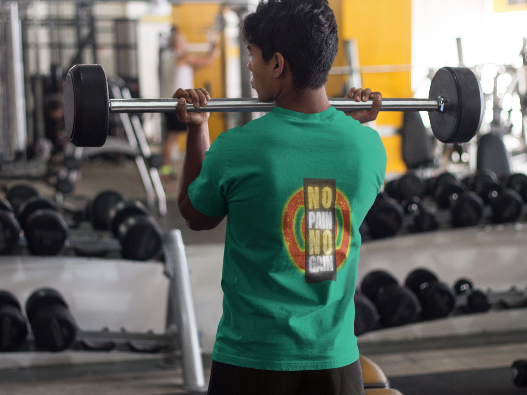 Back view of Bottle Green Gym Motivation T-Shirt | Pain Today, Power Tomorrow by PodLyft, offering a sleek and motivational design for gym enthusiasts.