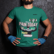 Bottle Green Gym Motivation T-Shirt | Pain Today, Power Tomorrow by PodLyft in size Large, perfect for fitness lovers with a bold workout graphic.
