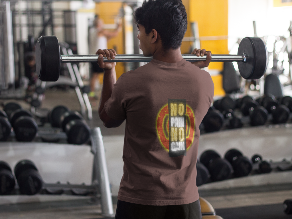 Back view of Coffee Brown Gym Motivation T-Shirt | Pain Today, Power Tomorrow by PodLyft, offering a sleek and motivational design for fitness lovers.