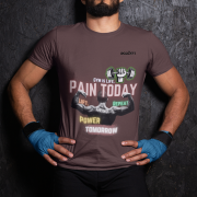 Coffee Brown Gym Motivation T-Shirt | Pain Today, Power Tomorrow by PodLyft in size Large, perfect for those passionate about fitness and gym wear.