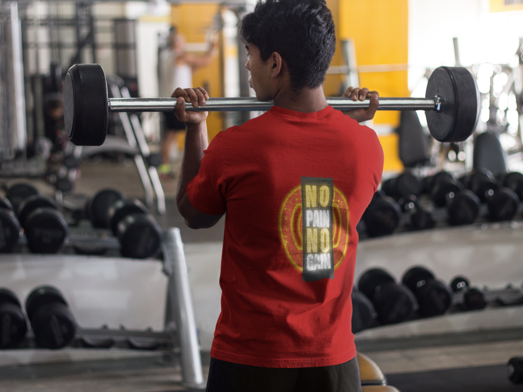 Back view of Maroon Gym Motivation T-Shirt | Pain Today, Power Tomorrow by PodLyft, showcasing a sleek and inspiring gym wear design.