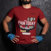 Maroon Gym Motivation T-Shirt | Pain Today, Power Tomorrow by PodLyft in size Large, designed to keep fitness enthusiasts motivated.