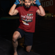 Maroon Gym Motivation T-Shirt | Pain Today, Power Tomorrow by PodLyft in size Small, featuring a bold motivational graphic for fitness enthusiasts.