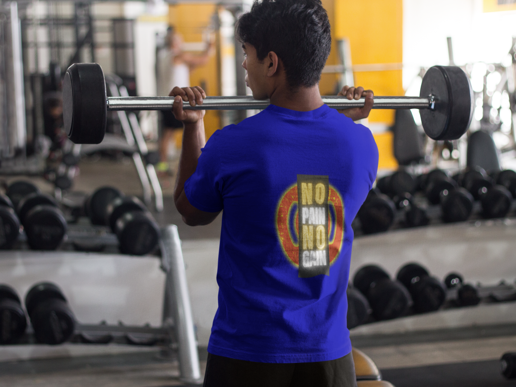 Back view of Navy Blue Gym Motivation T-Shirt | Pain Today, Power Tomorrow by PodLyft, showcasing a stylish and motivational gym wear design.