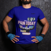 Navy Blue Gym Motivation T-Shirt | Pain Today, Power Tomorrow by PodLyft in size Large, designed to inspire fitness enthusiasts during workouts.