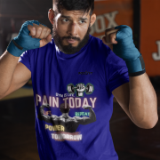 Navy Blue Gym Motivation T-Shirt | Pain Today, Power Tomorrow by PodLyft in size Medium, ideal for workout lovers with a motivational design.