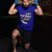 Navy Blue Gym Motivation T-Shirt | Pain Today, Power Tomorrow by PodLyft in size Small, featuring an empowering fitness graphic for gym enthusiasts.
