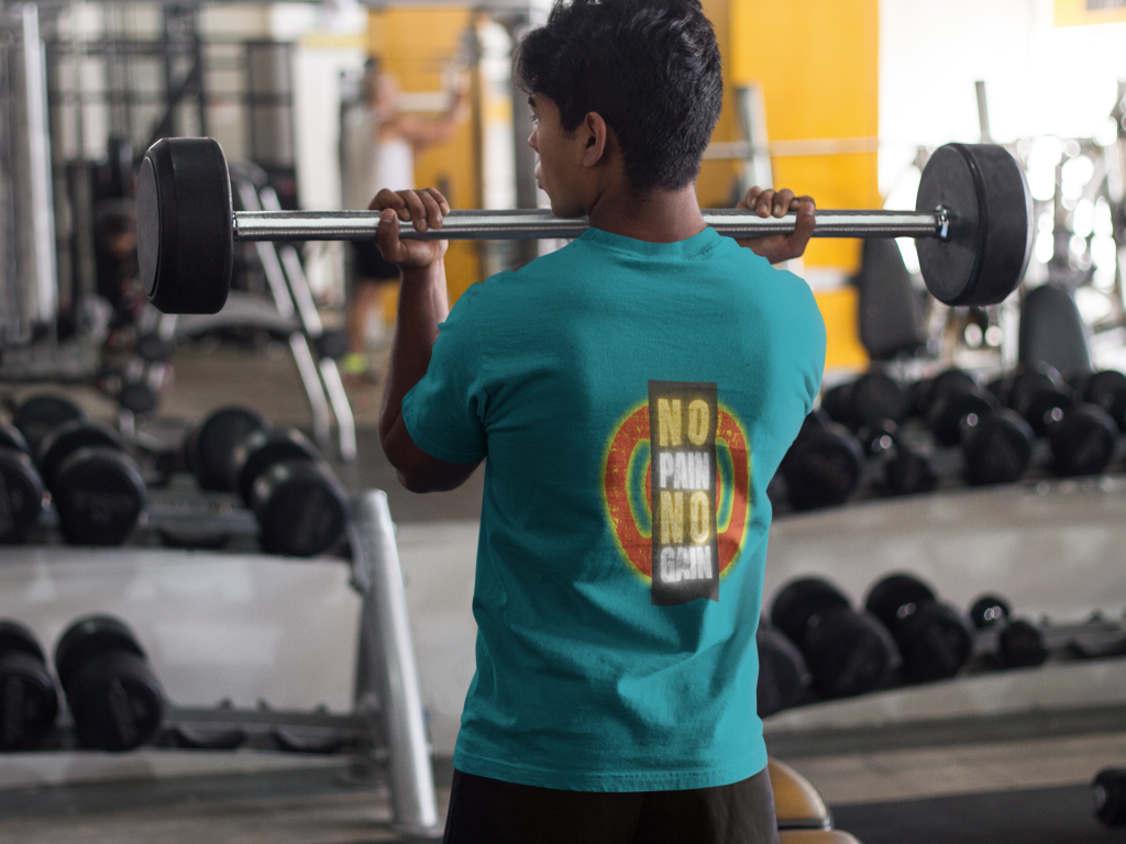 Back view of Petrol Blue Gym Motivation T-Shirt | Pain Today, Power Tomorrow by PodLyft, showcasing a sleek and inspiring gym wear design.