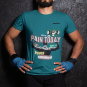 Petrol Blue Gym Motivation T-Shirt | Pain Today, Power Tomorrow by PodLyft in size Large, combining style and inspiration for fitness enthusiasts.
