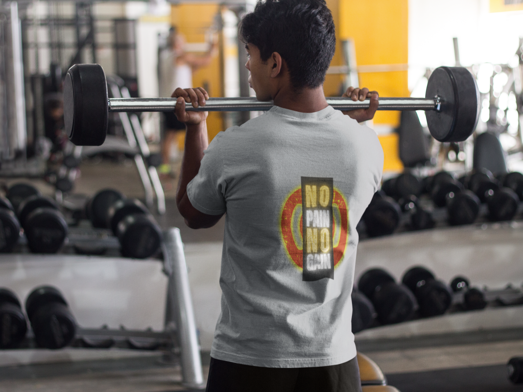 Back view of Steel Gray Gym Motivation T-Shirt | Pain Today, Power Tomorrow by PodLyft, showcasing a sleek and motivating gym wear design.