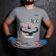 Steel Gray Gym Motivation T-Shirt | Pain Today, Power Tomorrow by PodLyft in size Large, perfect for staying motivated during intense gym sessions.