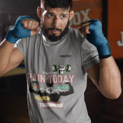 Steel Gray Gym Motivation T-Shirt | Pain Today, Power Tomorrow by PodLyft in size Medium, featuring a bold motivational message for workout inspiration.