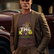 Coffee Brown I'm the King Graphic Tee in size L, featuring a powerful lion graphic with the tagline 'Of My Own Kingdom,' exuding pride and confidence.