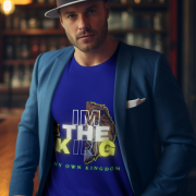 Navy Blue I'm the King Graphic Tee in size M, showcasing a striking lion design with the empowering text 'Of My Own Kingdom,' symbolizing individuality and strength.