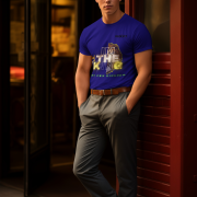 Navy Blue I'm the King Graphic Tee in size S, featuring a bold lion graphic with vibrant typography and the tagline 'Of My Own Kingdom.' Ideal for showcasing confidence.