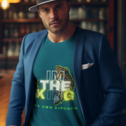 Petrol Blue I'm the King Graphic Tee in size M, showcasing a striking lion design with empowering typography, ideal for leaders and bold personalities.