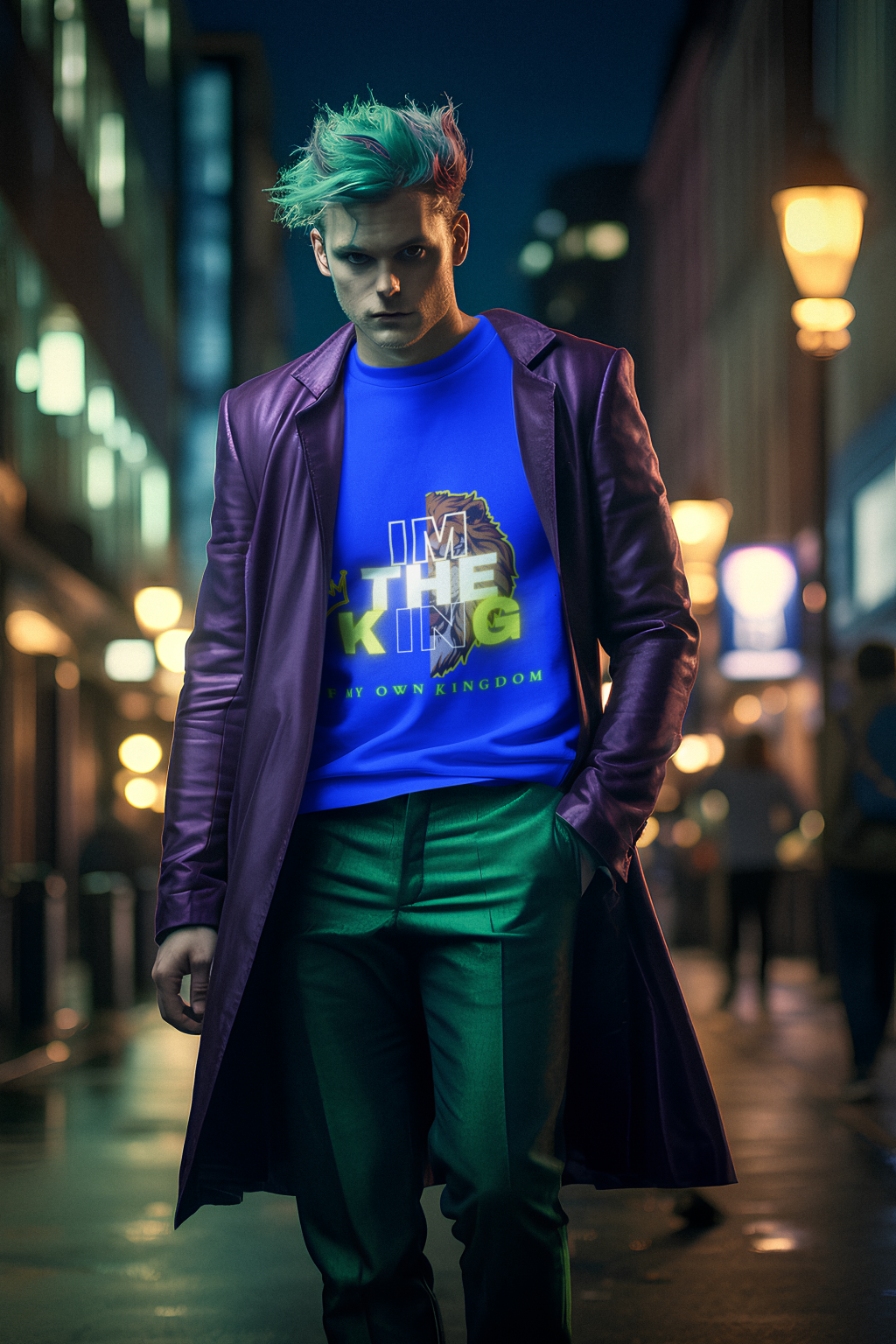 Model wearing the 'I'm the King Graphic Tee | Inspired by Lion Pride - PodLyft,' featuring a bold lion graphic and 'Of My Own Kingdom' tagline, standing confidently in an urban night setting, showcasing leadership and individuality.
