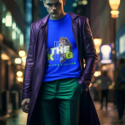 Model wearing the 'I'm the King Graphic Tee | Inspired by Lion Pride - PodLyft,' featuring a bold lion graphic and 'Of My Own Kingdom' tagline, standing confidently in an urban night setting, showcasing leadership and individuality.