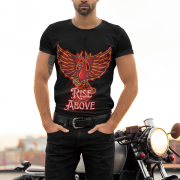 Rise Above T-Shirt - Phoenix Motivational Design by PodLyft, featuring a vibrant red and orange phoenix graphic on a black cotton T-shirt, worn by a confident model with a sleek urban backdrop.