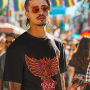 Black Rise Above T-Shirt in size Large showcasing a fiery Phoenix design for those who aspire to overcome challenges, by PodLyft.