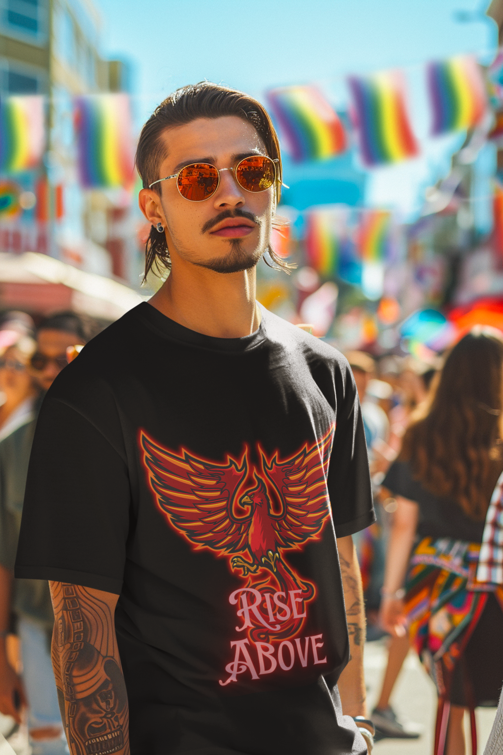 Black Rise Above T-Shirt in size Large showcasing a fiery Phoenix design for those who aspire to overcome challenges, by PodLyft.