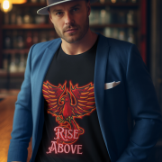 Black Rise Above T-Shirt in size Medium with a bold Phoenix design, crafted for comfort and motivation, by PodLyft.
