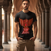 Black Rise Above T-Shirt in size Small featuring a vibrant Phoenix motivational design, symbolizing resilience and strength, by PodLyft.