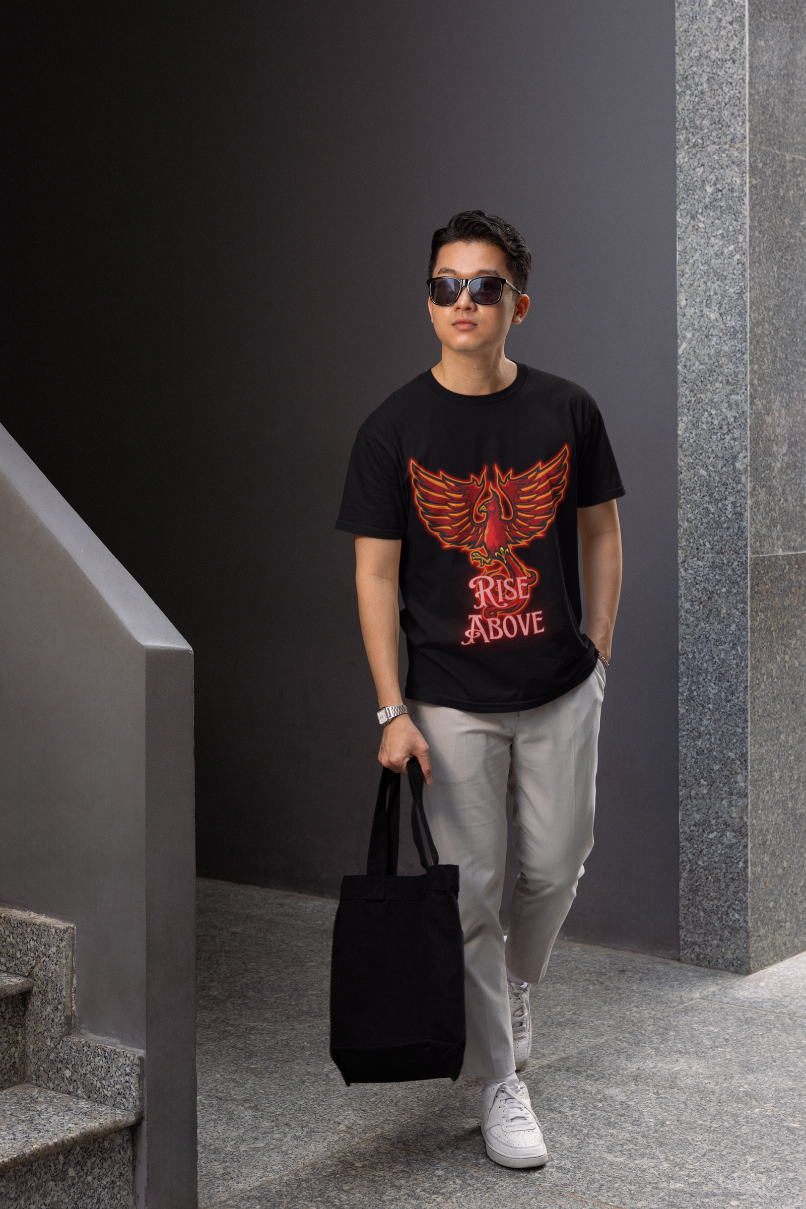 Black Rise Above T-Shirt in size Extra Large featuring a stunning Phoenix graphic for inspiration and style, by PodLyft.