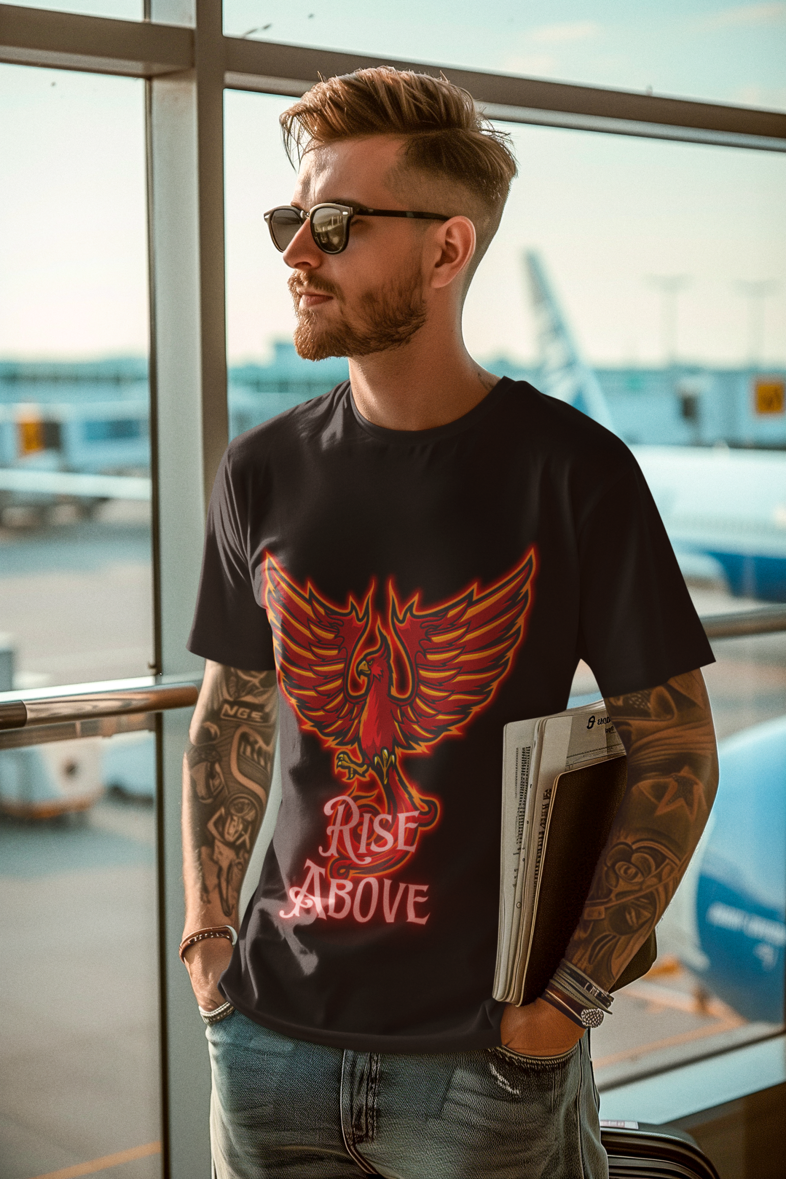 Black Rise Above T-Shirt in size XXL with a powerful Phoenix design, perfect for making a motivational statement, by PodLyft.
