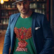 Bottle Green Rise Above T-Shirt in size Medium with a bold Phoenix design, crafted for comfort and motivation, by PodLyft.