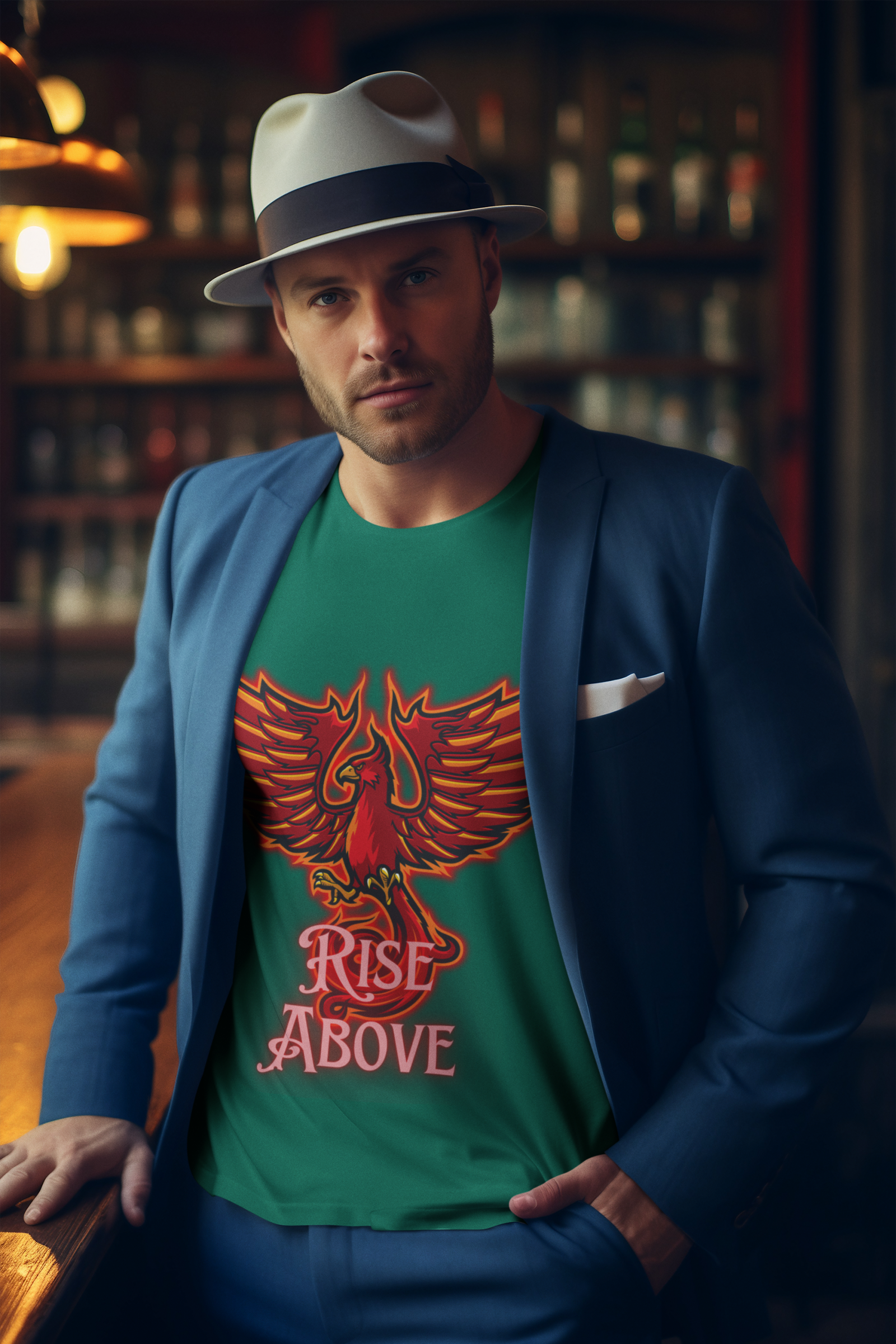 Bottle Green Rise Above T-Shirt in size Medium with a bold Phoenix design, crafted for comfort and motivation, by PodLyft.