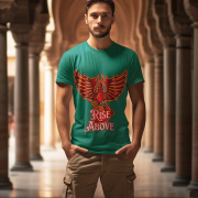 Bottle Green Rise Above T-Shirt in size Small featuring a vibrant Phoenix motivational design, symbolizing resilience and strength, by PodLyft.
