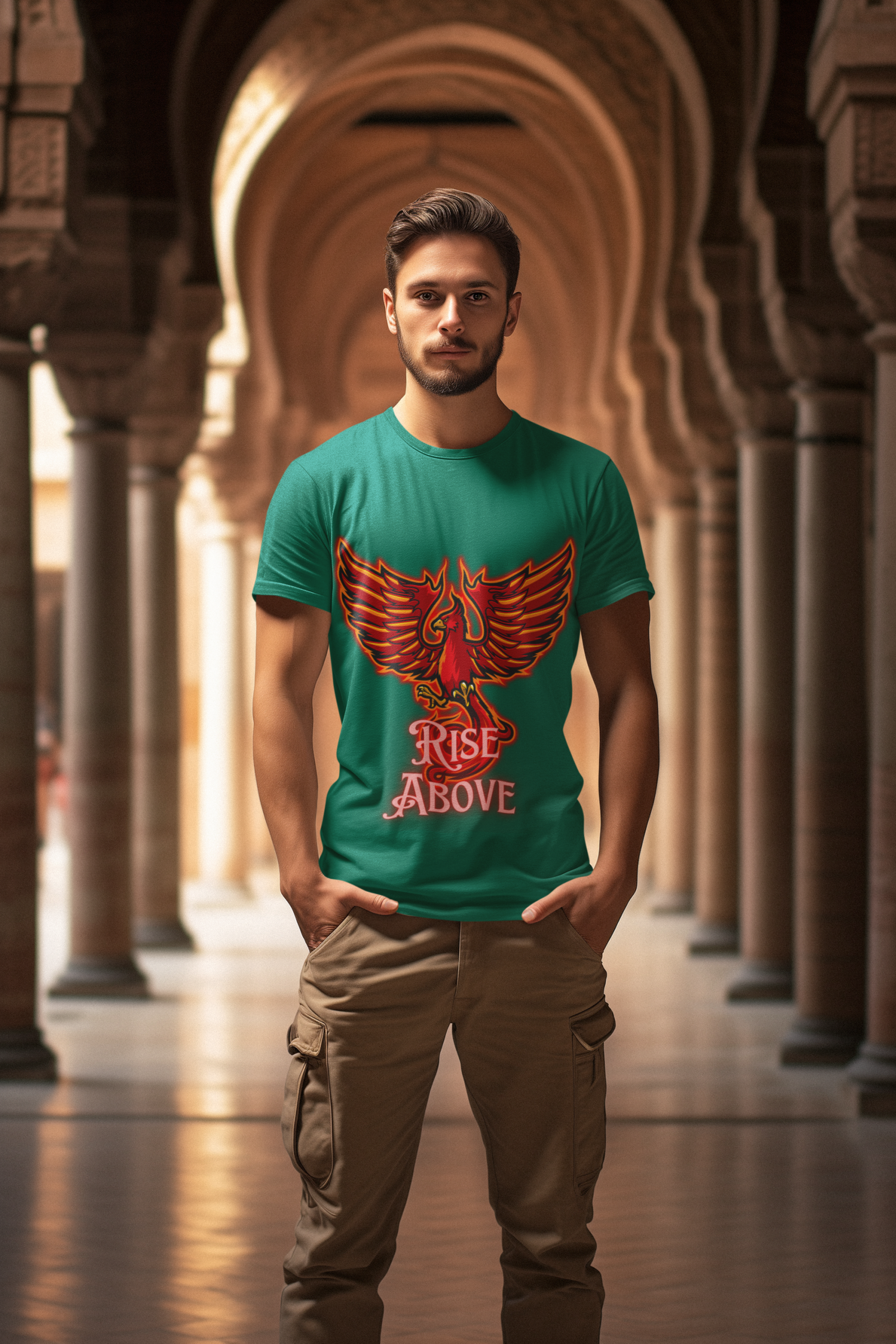 Bottle Green Rise Above T-Shirt in size Small featuring a vibrant Phoenix motivational design, symbolizing resilience and strength, by PodLyft.