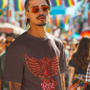 Coffee Brown Rise Above T-Shirt in size Large showcasing a fiery Phoenix design for those who aspire to overcome challenges, by PodLyft.