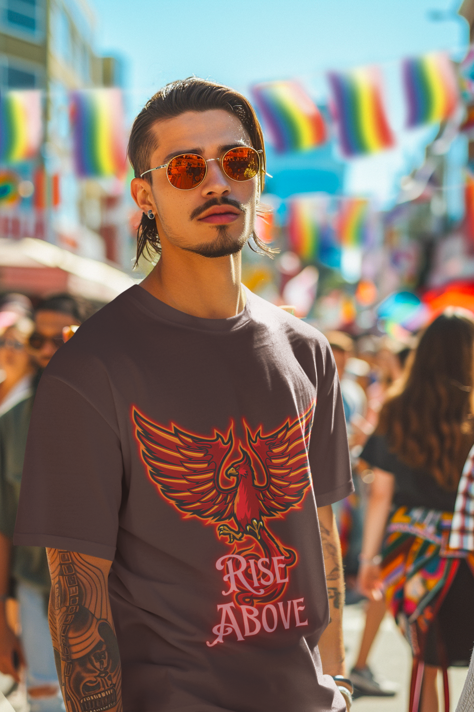 Coffee Brown Rise Above T-Shirt in size Large showcasing a fiery Phoenix design for those who aspire to overcome challenges, by PodLyft.
