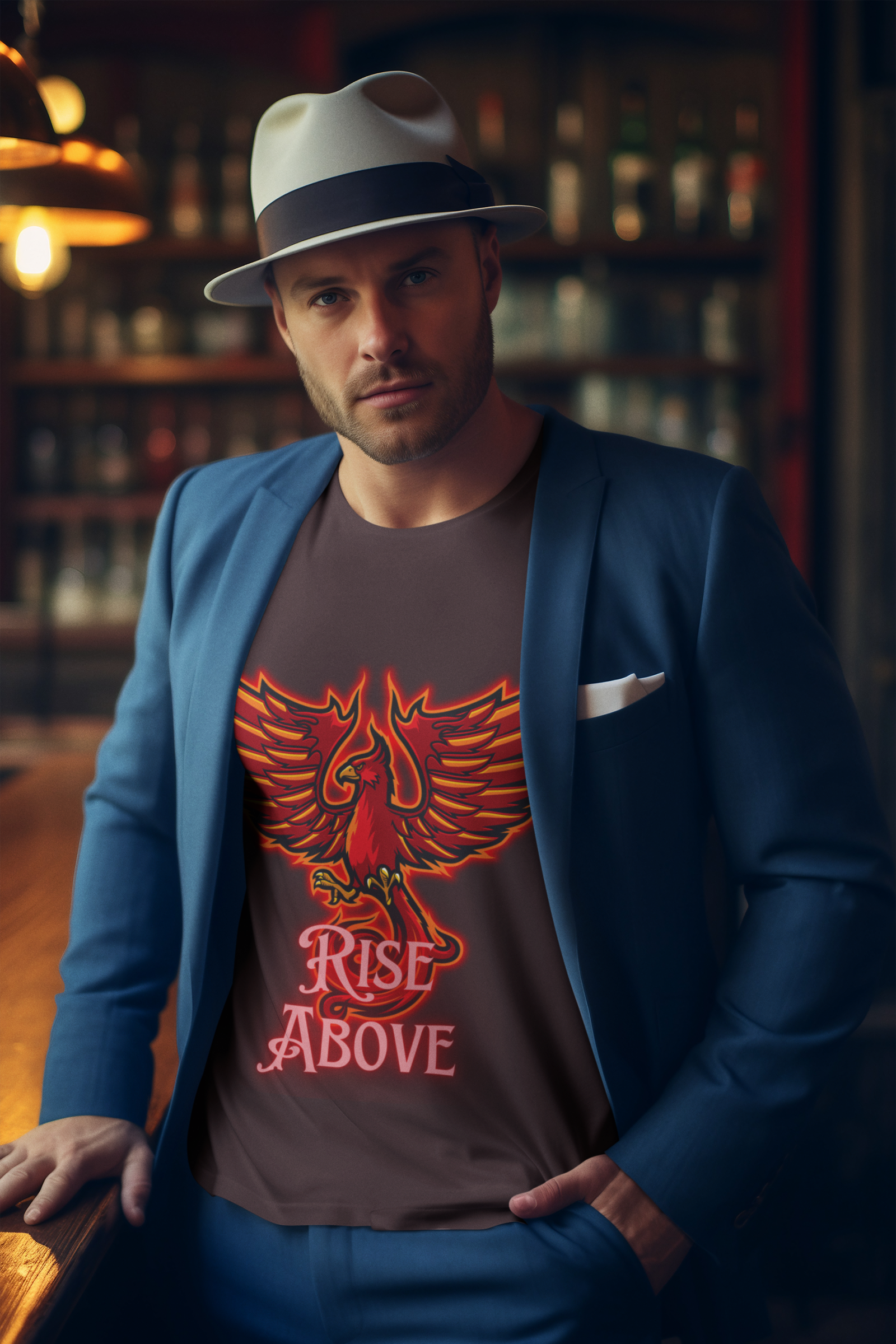 Coffee Brown Rise Above T-Shirt in size Medium with a bold Phoenix design, crafted for comfort and inspiration, by PodLyft.