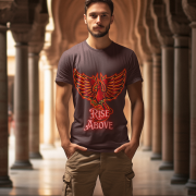 Coffee Brown Rise Above T-Shirt in size Small featuring a vibrant Phoenix motivational design, symbolizing resilience and strength, by PodLyft.