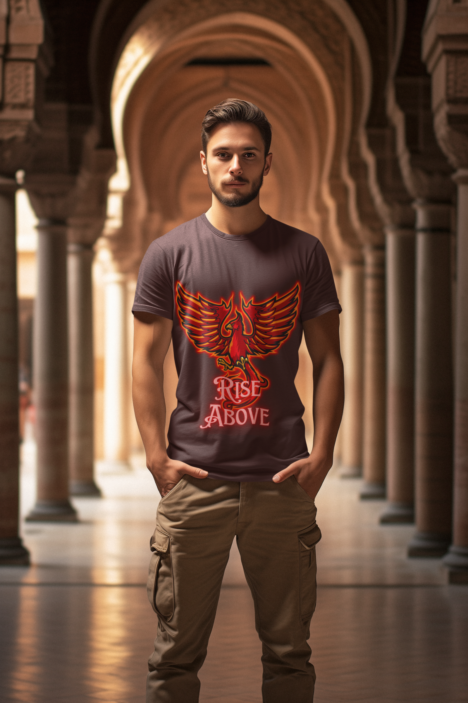 Coffee Brown Rise Above T-Shirt in size Small featuring a vibrant Phoenix motivational design, symbolizing resilience and strength, by PodLyft.