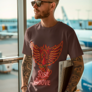 Coffee Brown Rise Above T-Shirt in size XXL with a powerful Phoenix design, perfect for making a motivational statement, by PodLyft.